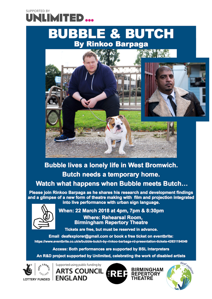 Poster for Sharing of R & D at Birmingham REP, picture has young man, looks like he does not do exercise. He is big, he sit on park bench with a small dog, On right is portrait of writer directer Rinkoo Barpaga 