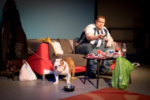 The young man looks like he does not do exercise. He is big and he wears a West Bromwich Albion football shirt, he sits on the sofa holding a game controller; he is surrounded by empty Crisp packets, bottles of Coke, Dr Pepper and old cups of tea. The character is known as Bubble